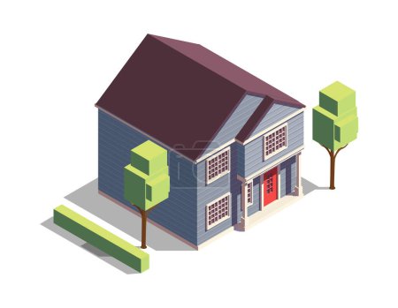 Ilustración de Isometric wooden suburban residential building with green bushes and trees 3d vector illustration - Imagen libre de derechos