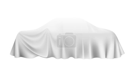 Illustration for Car covered with white silk cloth for presentation realistic vector illustration - Royalty Free Image