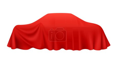 Illustration for Red silk cloth covered car side view on white background realistic vector illustration - Royalty Free Image