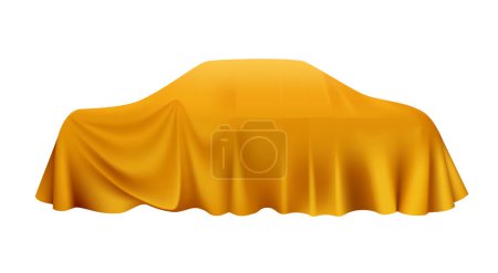Illustration for Realistic car covered with golden cloth on white background vector illustration - Royalty Free Image