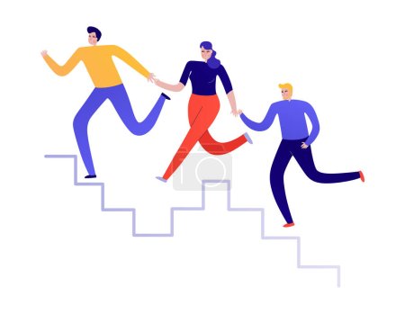 Illustration for Teamwork flat concept with people running up stairs together holding hands vector illustration - Royalty Free Image