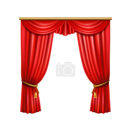 Illustration for Realistic luxury red curtains tied with golden ropes with tassels vector illustration - Royalty Free Image