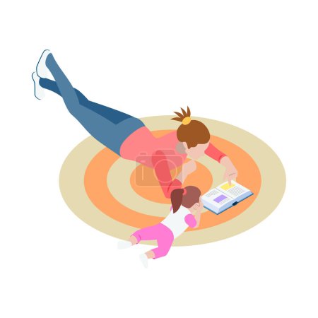Ilustración de Mother or nanny reading book to girl on floor 3d isometric vector illustration - Imagen libre de derechos