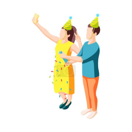 Téléchargez les illustrations : Birthday party isometric icon with people blowing cracker 3d vector illustration - en licence libre de droit