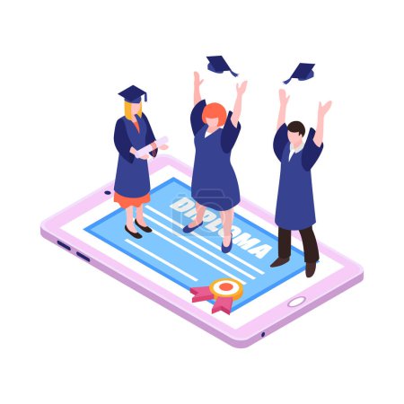 Illustration for Online education isometric icon with happy graduates and diploma on tablet screen 3d vector illustration - Royalty Free Image