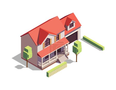 Illustration for Modern suburban house with garage 3d isometric vector illustration - Royalty Free Image