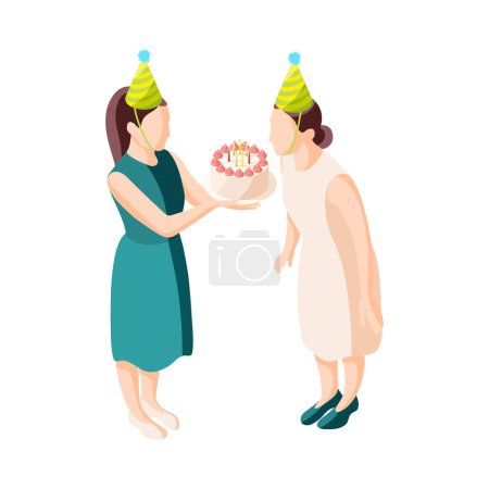 Téléchargez les illustrations : Birthday party isometric icon with woman blowing out candles on cake 3d vector illustration - en licence libre de droit