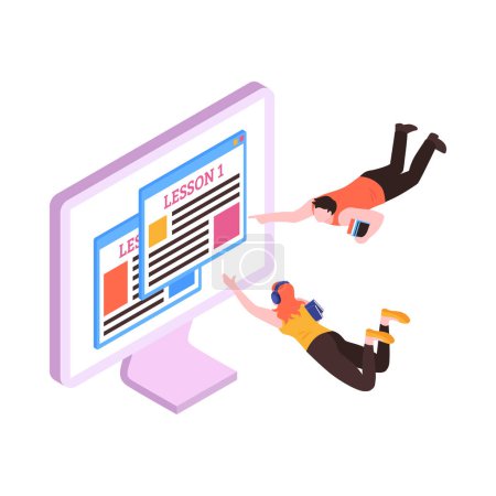 Illustration for Online lesson isometric icon with people studying on computer 3d vector illustration - Royalty Free Image
