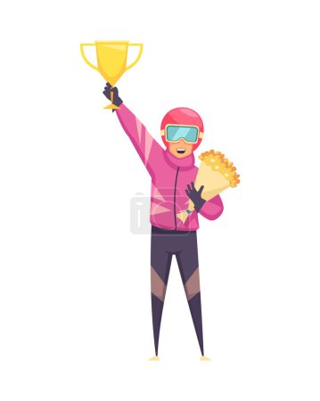 Illustration for Happy sportsman winner holding cup and bunch of flowers flat vector illustration - Royalty Free Image