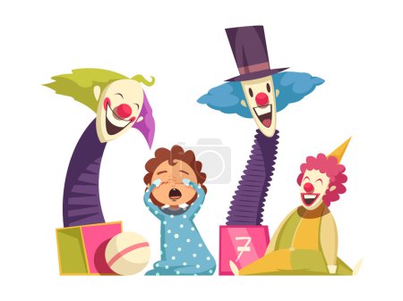 Illustration for Childhood fears cartoon concept with crying kid scared by clowns vector illustration - Royalty Free Image