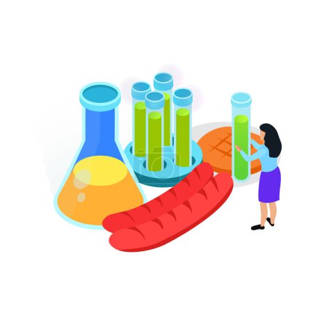 Isometric artificial food icon with sausages and flasks 3d vector illustration