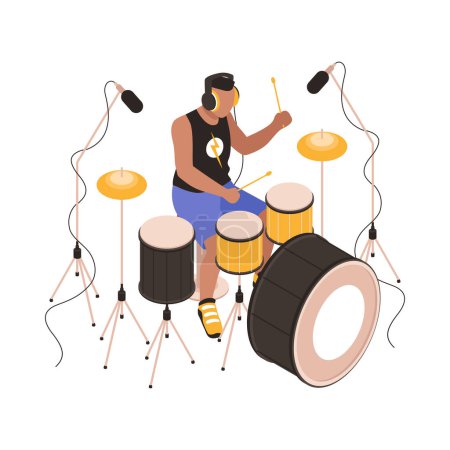 Illustration for Musician wearing headphones playing drums isometric icon 3d vector illustration - Royalty Free Image