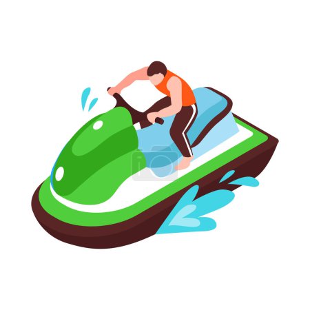 Téléchargez les illustrations : Isometric summer water sport icon with man riding waverunner 3d vector illustration - en licence libre de droit