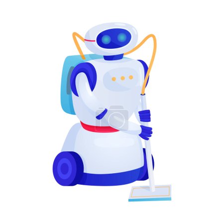Ilustración de Artificial intelligence machine flat icon with robot vacuuming floor vector illustration - Imagen libre de derechos