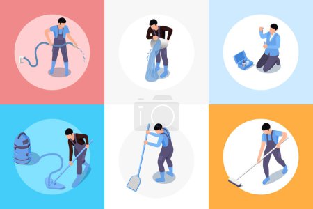 Ilustración de Swimming pool maintenance service isometric round compositions set with characters of workers with pool cleaning tools vector illustration - Imagen libre de derechos