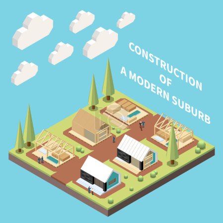 Ilustración de Modern suburb construction isometric concept with modular frame building vector illustration - Imagen libre de derechos