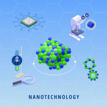 Ilustración de Nanotechnology nanomedicine innovative technologies with microchip microscope dna on color background isometric vector illustration - Imagen libre de derechos