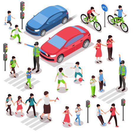 Illustration for Children road safety rules set with isometric human characters walking riding bicycles with cars and policeman vector illustration - Royalty Free Image