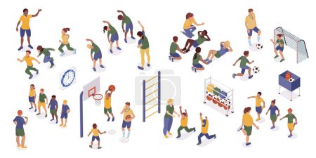 Ilustración de Isometric physical education lesson set of isolated icons with adult trainers helping kids with pe exercises vector illustration - Imagen libre de derechos