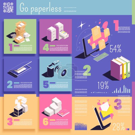 Go paperless isometric color infographics with paper documents and electronic devices with files 3d vector illustration