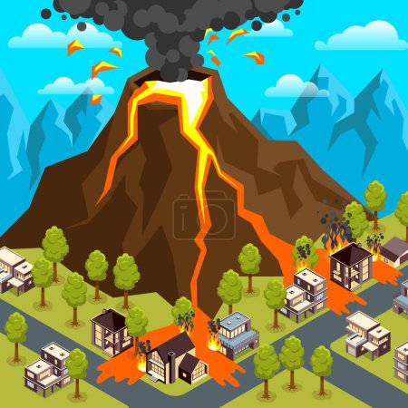 Ilustración de Natural disaster volcanic eruption landscape with flows of lava and burning houses 3d isometric vector illustration - Imagen libre de derechos