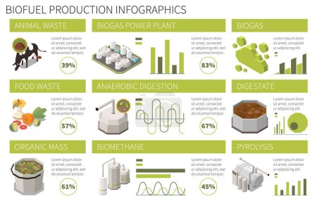 Illustration for Isometric biofuel production horizontal infographics with animal waste anaerobic digestion biogas power plant percentage 3d vector illustration - Royalty Free Image