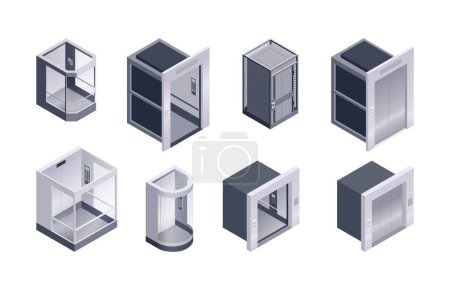 Téléchargez les illustrations : Passenger elevator isometric set of different form objects with transparent or metal doors and walls and isolated on white background vector illustration - en licence libre de droit