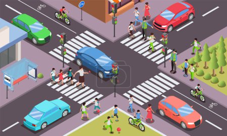Ilustración de Children road safety rules isometric composition with outdoor view of city roads intersection with cars pedestrians vector illustration - Imagen libre de derechos