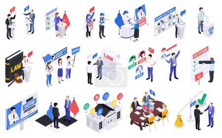 Illustration for Politicians lawmakers isometric set with isolated compositions of icons voting petitions and human characters of officials vector illustration - Royalty Free Image