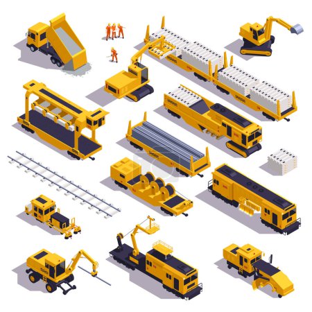 Téléchargez les illustrations : Isometric set of railroad track laying equipment vehicles construction materials and workers isolated 3d vector illustration - en licence libre de droit