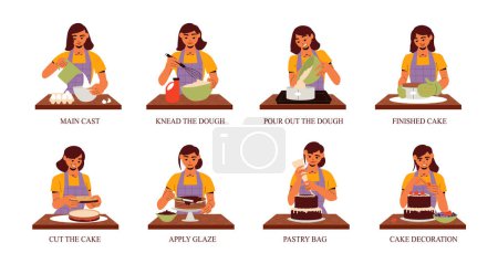 Ilustración de Homemade cooking compositions set with baking cake steps isolated against white background flat vector illustration - Imagen libre de derechos