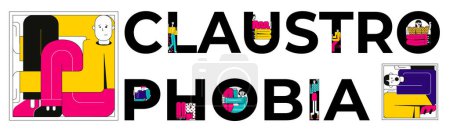 Ilustración de Horizontal banner with claustrophobia text in black large letters and people locked in small place flat vector illustration - Imagen libre de derechos