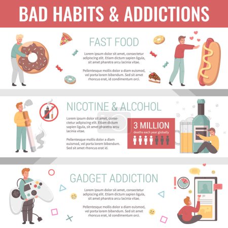 Illustration for Bad habits infographics set with unhealthy addictions cartoon symbols vector illustration - Royalty Free Image