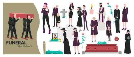 Funeral death flat icon set figures of weeping grieving relatives priest coffins candles flowers vector illustration