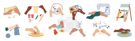 Illustration for Hands craft set with flat isolated icons on blank background with sewing stitching and weaving routines vector illustration - Royalty Free Image