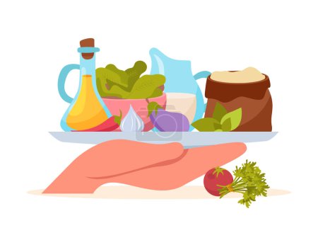 Illustration for Macronutrients flat composition with front view of human hand holding tray with protein containing food products vector illustration - Royalty Free Image