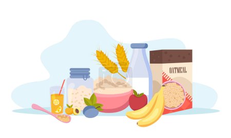 Illustration for Oatmeal flat composition with view of product box fruits milk and drink with porridge in plate vector illustration - Royalty Free Image