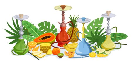 Illustration for Hookahs decorated with exotic fruits and palm tree leaves flat colored composition vector illustration - Royalty Free Image
