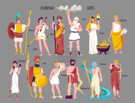 Olympian gods flat icon set with athena appolo hera zeus hestia demeter aphrodite ares hermes hephaestus poseidon artemis figures vector illustration
