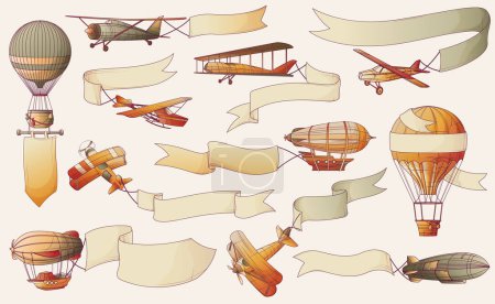 Illustration for Aeronautics retro vintage aircraft transport banners set with isolated icons of airplanes airships carrying empty ribbons vector illustration - Royalty Free Image