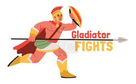 Illustration for Gladiator fights composition with flat text and running character of warrior holding spade on blank background vector illustration - Royalty Free Image