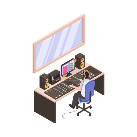 Illustration for Audio studio isometric icon with sound producer at his work place 3d vector illustration - Royalty Free Image