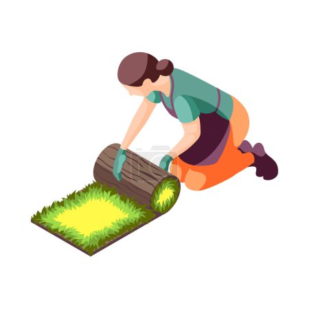 Illustration for Landscaping isometric icon with female gardener laying lawn roll 3d vector illustration - Royalty Free Image