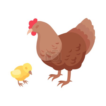 Illustration for Isometric hen with chick isolated on white background vector illustration - Royalty Free Image