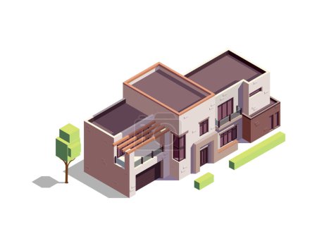 Ilustración de Isometric modern suburban residential building with balcony and garage 3d vector illustration - Imagen libre de derechos