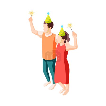 Téléchargez les illustrations : Birthday party guests wearing festive paper hats holding bengal lights 3d isometric vector illustration - en licence libre de droit