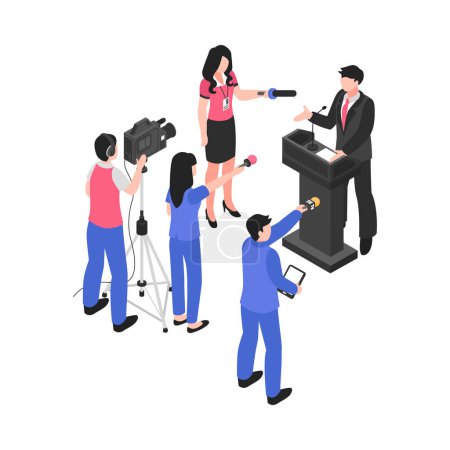 Illustration for Man at speech tribune answering questions of reporters at press conference 3d isometric vector illustration - Royalty Free Image