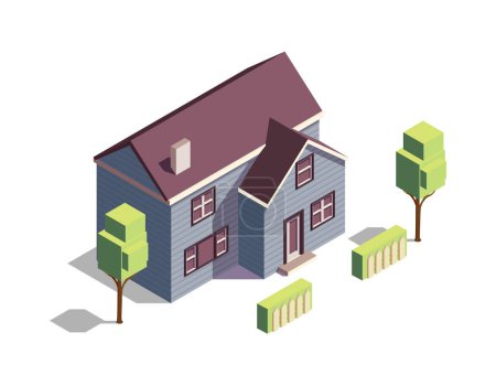 Illustration for Two storeyed wooden suburban residential building 3d isometric vector illustration - Royalty Free Image