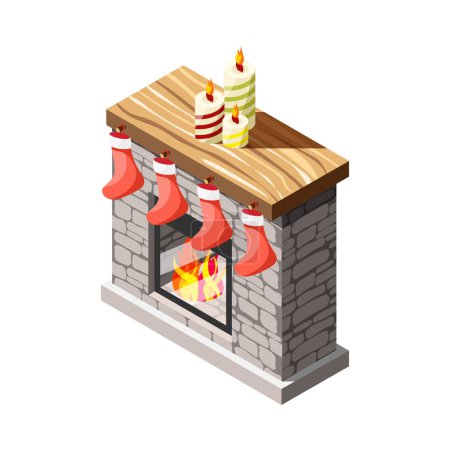 Ilustración de Winter holiday isometric icon with christmas stockings and candles on burning fireplace 3d vector illustration - Imagen libre de derechos