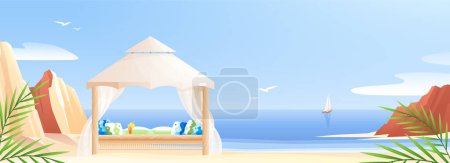 Illustration for Flat beach landscape with wooden gazebo in background with blue sky and sea vector illustration - Royalty Free Image